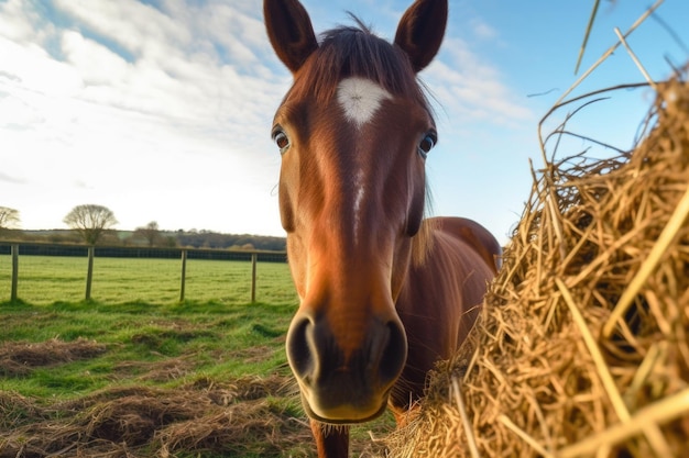 Groothoekbeeld van paard dat geniet van hooi in het veld gemaakt met generatieve ai
