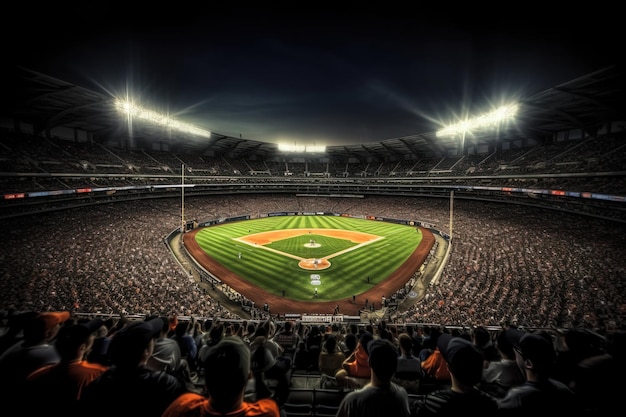Groothoekfoto genomen vanaf de tribunes van een honkbalstadion of honkbalstadion vol mensen