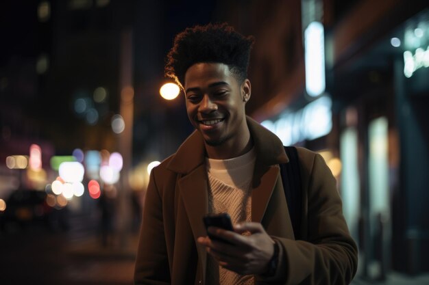 Groothoekopname van een jonge Afro-Amerikaanse man trendy kleding met behulp van mobiele telefoon met achtergrond van stedelijke stadsstraat 's nachts Generatieve AI AIG18