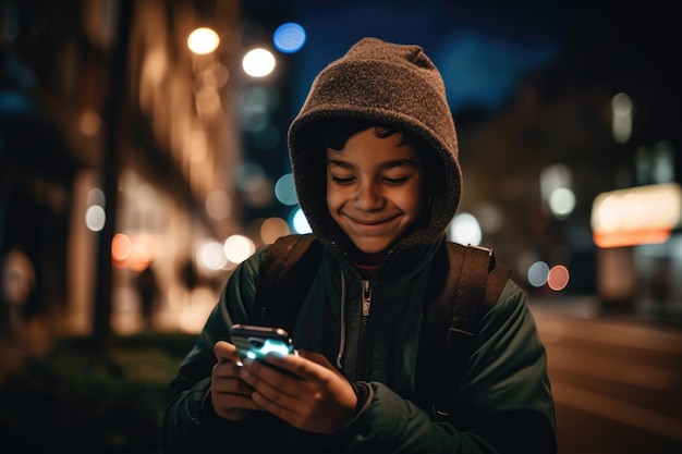 Groothoekopname van een jonge Mexicaans-Spaanse 10-jarige jongen trendy kleding met behulp van mobiele telefoon met achtergrond van stedelijke stadsstraat 's nachts Generatieve AI AIG18