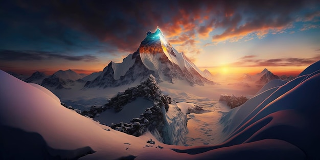 Groothoekperspectieffotografie met uitzicht op de top van een mythische superberg vanaf de top van Everest AI Generated