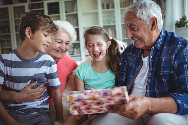 Grootouders en kleinkinderen kijken naar verrassingsgeschenk in de woonkamer