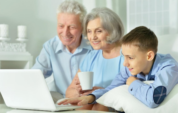 Grootouders en kleinzoon zitten aan tafel en gebruiken laptop