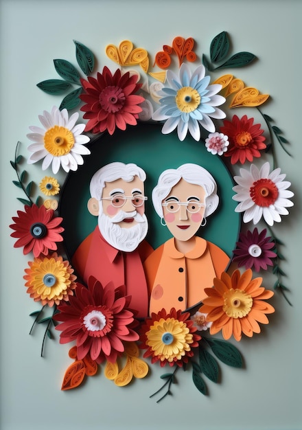 grootouders lachende bloemen rond gelukkige grootoudersdag Paper quilling illustratie Ai gegenereerd