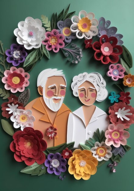 grootouders lachende bloemen rond gelukkige grootoudersdag Paper quilling illustratie Ai gegenereerd