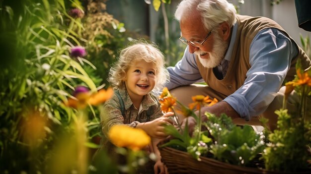 Grootvader laat zijn kleindochter zien hoe ze voor de tuin en planten moet zorgenGemaakt met generatieve AI-technologie