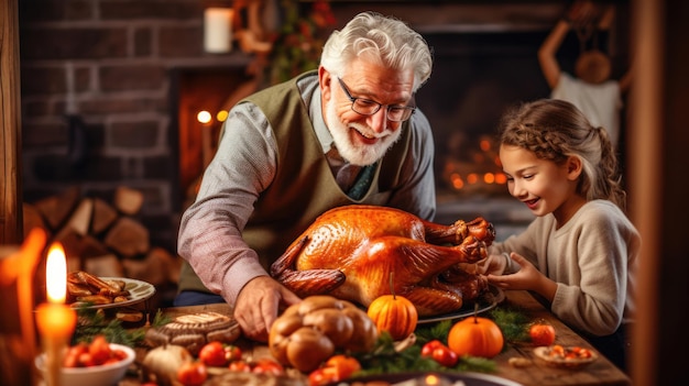 Grootvader snijdt kalkoen voor familie tijdens Thanksgiving-diner