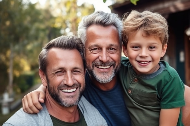 Grootvader vader zoontje omhelst schouders Positieve familie van drie mannelijke generaties die elkaar ondersteunen