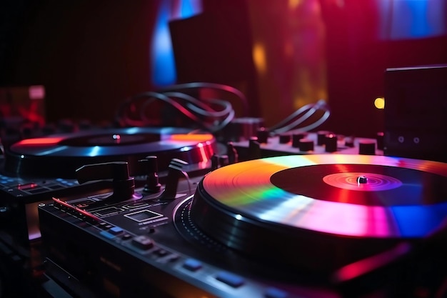 클럽 파티에서 Bokeh 조명 가운데 비닐 레코드가 있는 DJ 믹서의 Groove and Glow 클로즈업