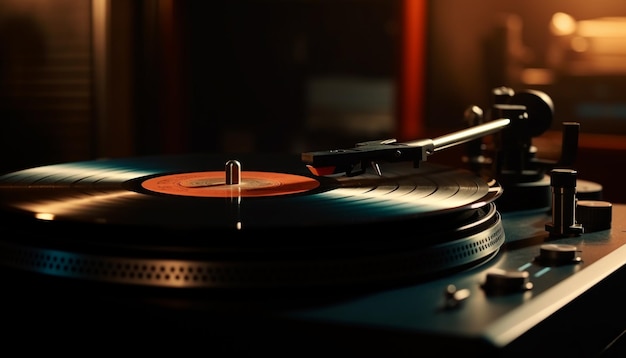 Grooved turntable spinning old fashioned soundtrack in nightclub generated by AI