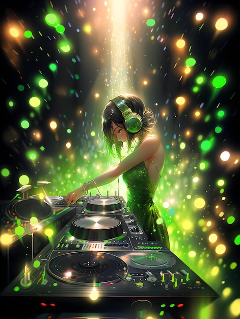 Groovy Green Vibes Anime DJ Girl Spins on Stage AI Crafted Artwork