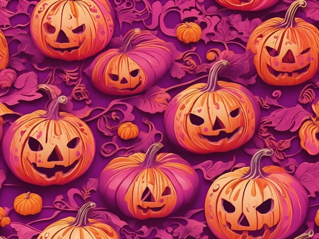 Photo groovy halloween pattern with pumpkins in retro 70s style