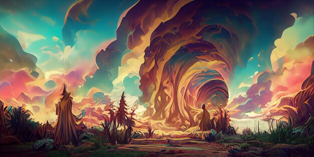 Groovy psychedelic hand drawn background. Digital Illustration