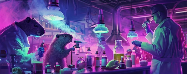 Groovy Science Lab Party Scientists and capybaras mixing chemicals