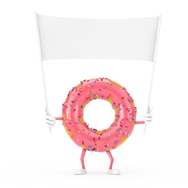 Grote aardbei roze geglazuurde donut karakter mascotte en lege witte lege banner met vrije ruimte voor uw ontwerp op een witte achtergrond. 3D-rendering