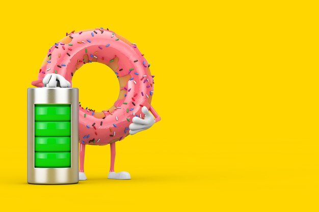 Grote aardbei roze geglazuurde donut karakter mascotte met abstracte opladen batterij op een witte achtergrond. 3D-rendering