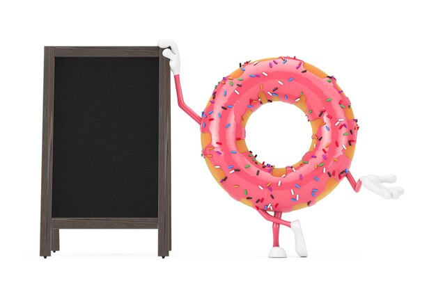 Grote aardbei roze geglazuurde donut karakter mascotte met lege houten menu schoolborden buiten display op een witte achtergrond. 3D-rendering
