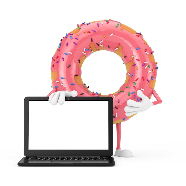 Grote aardbei roze geglazuurde donut karakter mascotte met moderne laptop computer notebook en leeg scherm voor uw ontwerp op een witte achtergrond. 3D-rendering