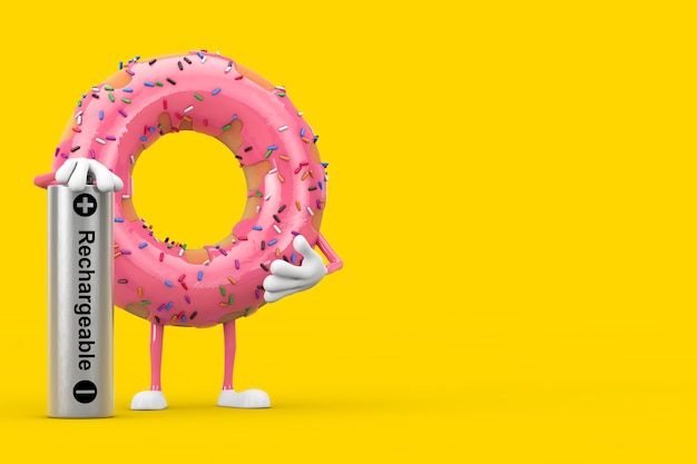 Grote aardbei roze geglazuurde donut karakter mascotte met oplaadbare batterij op een gele achtergrond. 3d-rendering