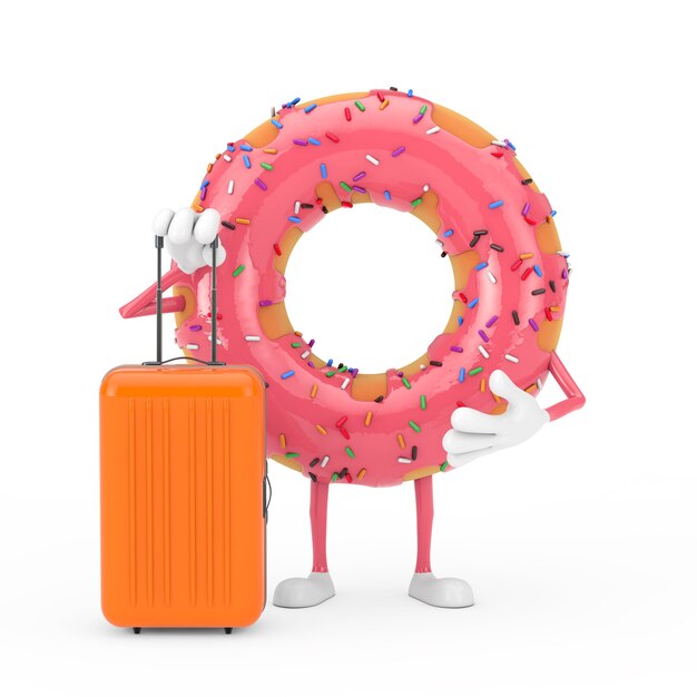 Grote aardbei roze geglazuurde donut karakter mascotte met oranje reiskoffer op een witte achtergrond. 3D-rendering