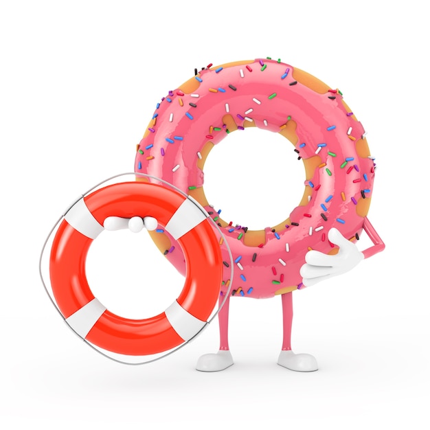 Grote aardbei roze geglazuurde donut karakter mascotte met reddingsboei op een witte achtergrond. 3D-rendering