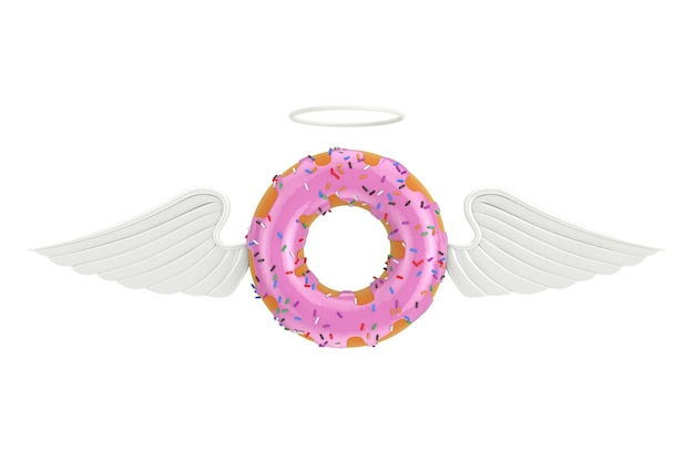 Grote aardbei roze geglazuurde donut met engelenvleugels 3D-rendering