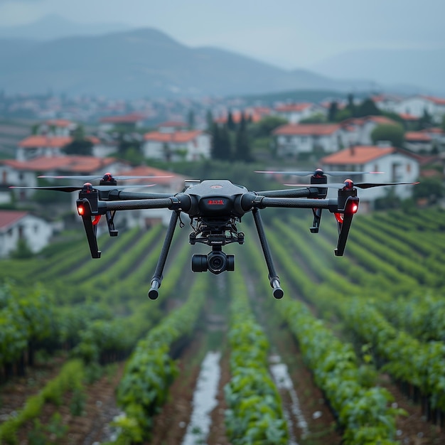 Grote afstandsbediende drone vliegt over weelderig groen veld