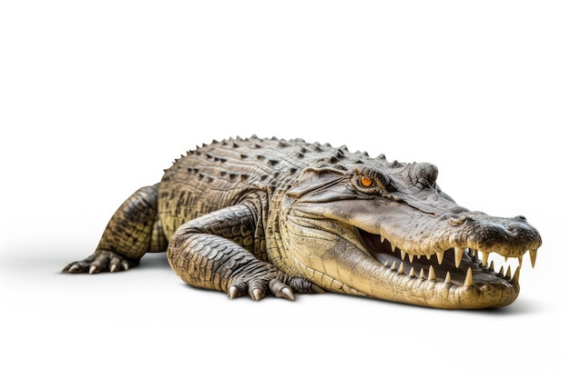 Grote alligator die met open mond op een wit of helder oppervlak ligt PNG Transparante achtergrond