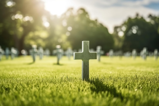 Grote Amerikaanse militaire begraafplaats met perfect groen gras Generative Ai