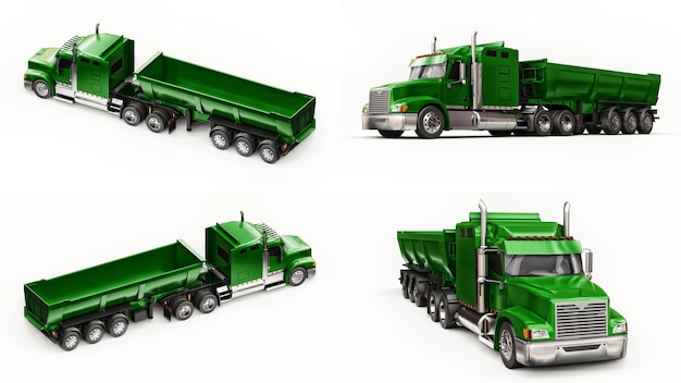 Grote Amerikaanse vrachtwagen met een dumper van het trailertype voor het vervoer van bulklading op een witte achtergrond. 3D illustratie.