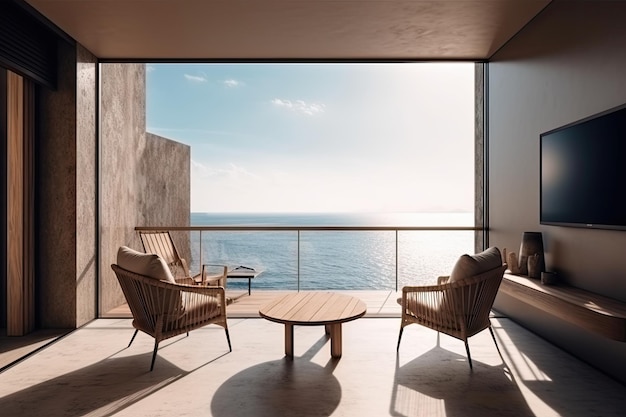 Grote bank op houten vloer bij glazen raam en zwembad met terras bij penthouse appartement Lounge in zeezicht woonkamer van modern luxe strandhuis of hotel Interieur 3d illustratie