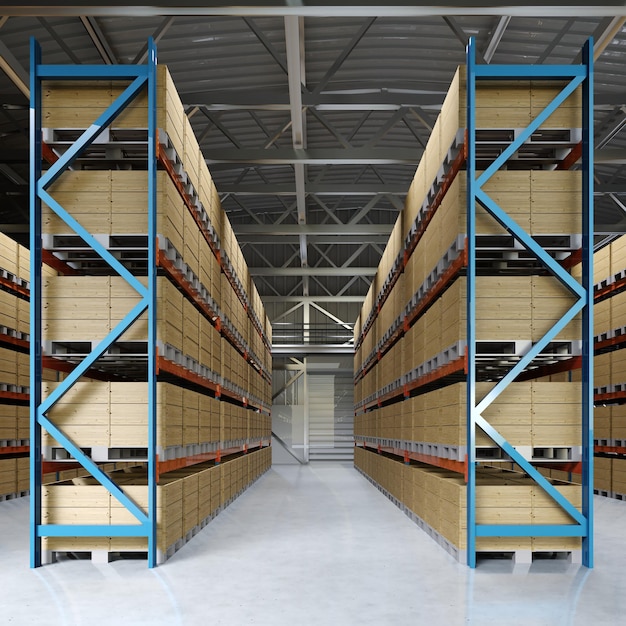 Grote berging met planken en pallets 3D-rendering