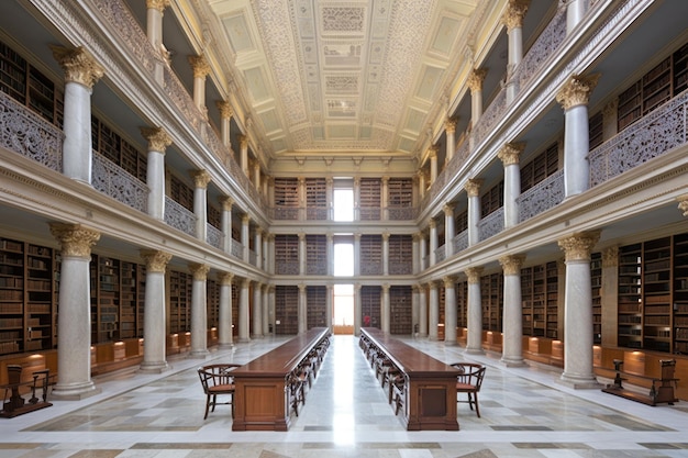 Grote bibliotheek met rijen boekenplanken en statige zuilen gemaakt met generatieve AI