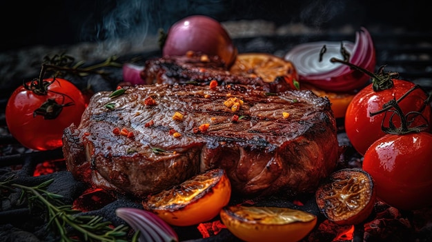 Grote biefstuk wordt bereid op hete grill lekker vlees op de grill