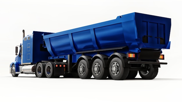 Grote blauwe Amerikaanse vrachtwagen met een aanhangwagentype dumptruck 3d illustratie