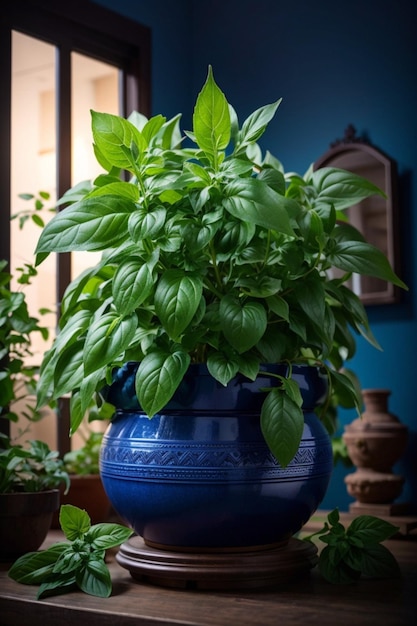 grote blauwe mooie pot met tulasi plant heilige basilicum erin