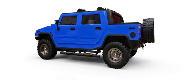 Grote blauwe off-road pick-up voor platteland of expedities op witte geïsoleerde achtergrond. 3D illustratie.