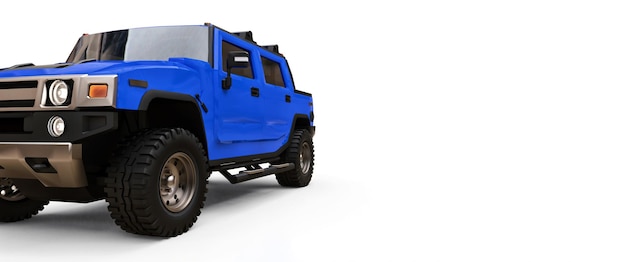 Grote blauwe offroad pick-up voor platteland of expedities op witte geïsoleerde achtergrond