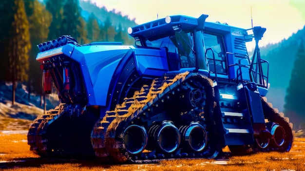 Foto grote blauwe tractor geparkeerd in het veld naast een bos van bomen generatieve ai