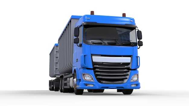Grote blauwe vrachtwagen met losse oplegger, voor transport van landbouw- en bouwstortgoederen en producten
