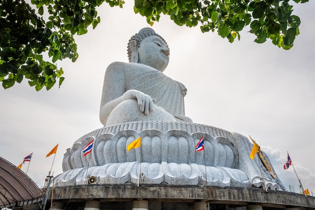 Grote Boeddhastatue Gebouwd op een hoge heuvel van Phuket Thailand Kan worden gezien vanaf de bodhi boom is symbool boeddhisme Beroemde bezienswaardigheid plaats en meest populair voor toeristen op vakantie