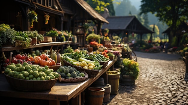 Foto grote boerenmarkt met verse groenten en fruit in manden op houten tafels het thema van een gezonde levensstijl en vegetarianisme