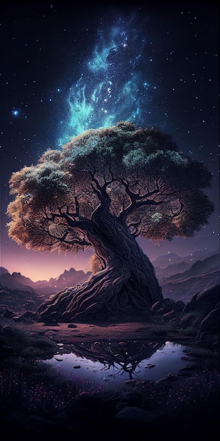 Grote boom die kleurrijk gloeit van de nachtelijke hemel en sterrenachtergrond Gemaakt met generatieve AI-technologie