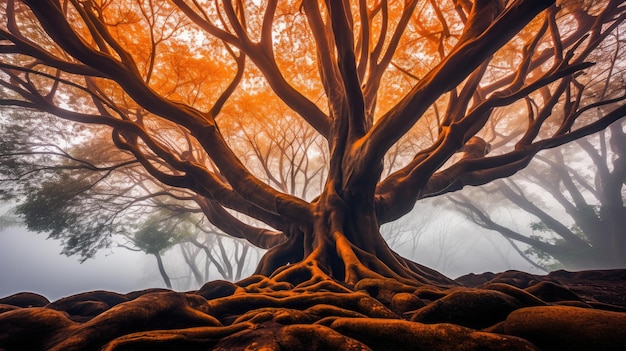 grote boom mist humeurige regen vredig landschap vrijheid scène prachtige natuur wallpaper foto