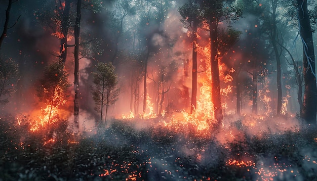 Grote brand in het wilde bos de vlammen verteren planten en bomen natuurlijke ramp catoclysm