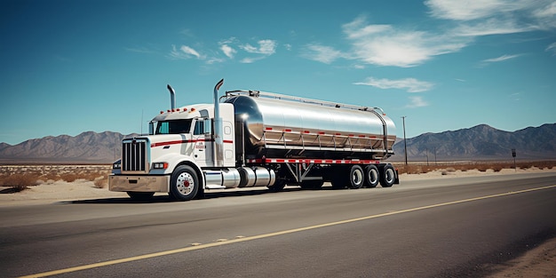 Grote brandstofvrachtwagen met metalen tankwagen die brandstof levert op de snelweg tegen de blauwe lucht