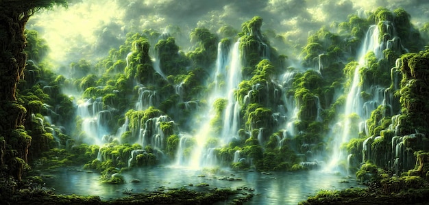Grote brede waterval in het boswater stroomt langs de berghelling 3d illustratie