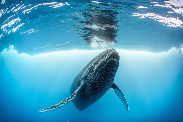 Grote bultrugwalvis in de oceaan die uit het water tevoorschijn komt