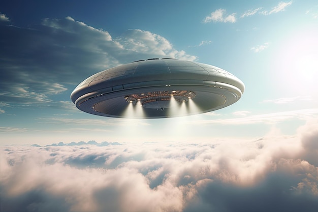 Grote cirkelvormige UFO die tussen de generatieve wolkenAi vliegt