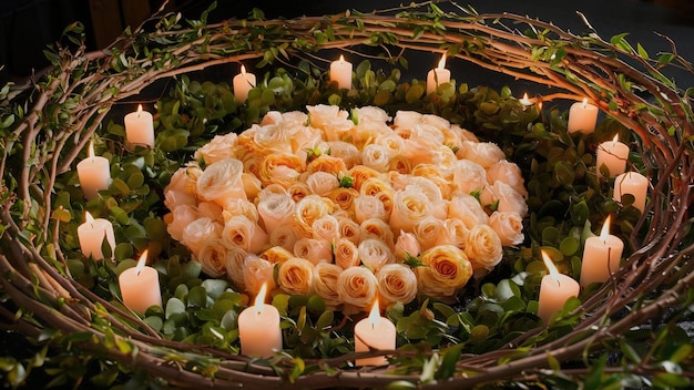 Grote decoratieve cirkel gemaakt van wilgengroen en licht oranje rozen met brandende kaarsen